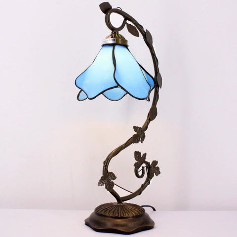 Blue Tiffany Style Stained Glass Table Lamp With Metal Leaf Base, Desk Reading Light For Small Spaces, 21 Inch Tall, 8 Inch Wide Shade, Bronze Finish, UL Listed, S701 Series Decor Lamp