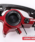 Close-up of Heavy Duty Hydraulic Disc Brake Kit For Mountain Bikes showing red caliper and instructions for mineral oil use.