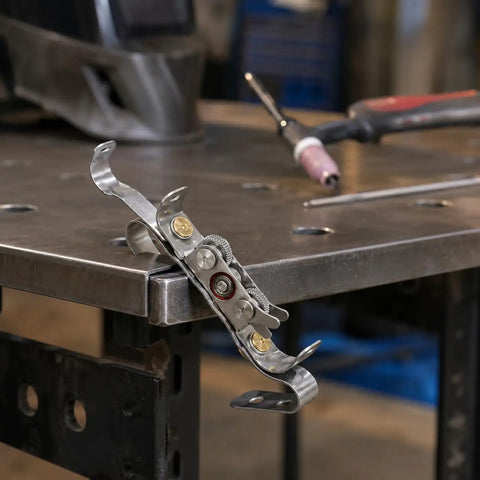 Ultimate TIG Wire Feeder Tool With Magnetic Base And Heat Shield For Alloy Filler Rods on a welding table.