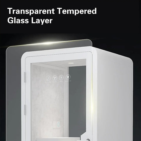 Mobile Soundproof Office Booth With Smooth Roll Wheels And Chill Quiet Nook For Two To Four Folks Featuring Bright LED Lights and Fresh Air Flow For Crisp Professional Video Calls With Heavy Duty Modular Frame showing transparent tempered glass layer.