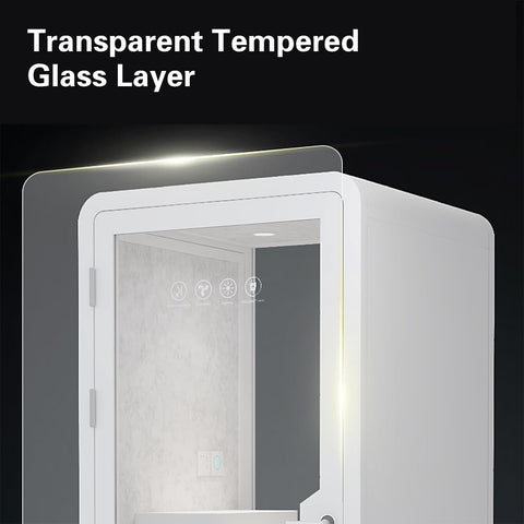 Portable Office Sound Booth With Audio Privacy, Mobile Soundproof Phone Pod featuring transparent tempered glass layer.