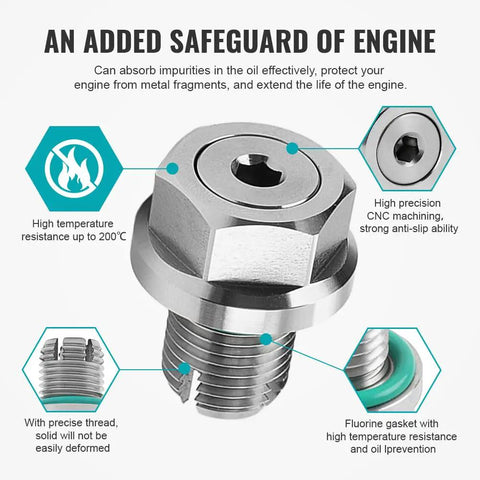 Heavy Duty 1/2 Inch 20 Thread Oil Drain Plug Piggyback Kit For Harley Curb Rust With Neodymium Magnet Catching Fine Metal Shavings Inside Engine, stainless steel