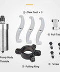 Heavy Duty Gear Puller With Hand Pump Built Tough For Auto Repair, showing components including claw foot, pulling ring, and screws.