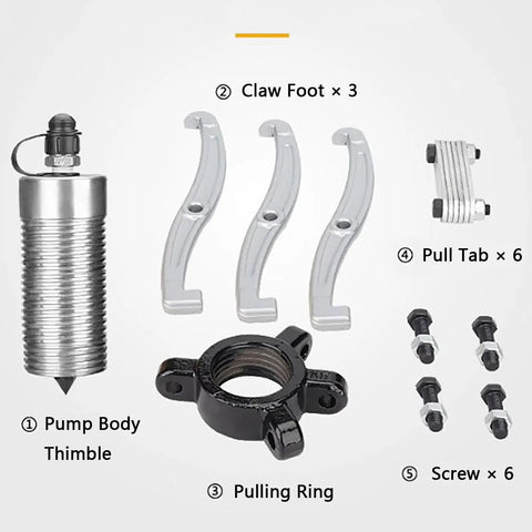 Rugged Split Hydraulic Gear Puller Kit With 50 Ton Hand Pump and components like claw feet, pulling ring, and screws.