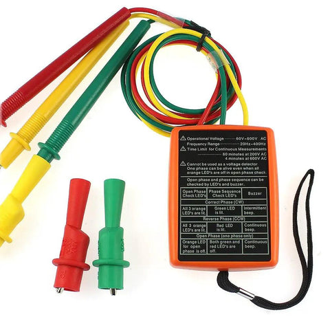 Three Phase Rotation Tester With LED Indicator And Buzzer Handy Pro Grade Tool Accepts 60V To 600V AC 20 Hz To 400 Hz, with test leads