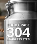 Tough As Nails Heavy Duty Stainless Steel Water Dispenser Milk Can Jug With Secure Locking Airtight Lid close-up of food grade 304 stainless steel finish.