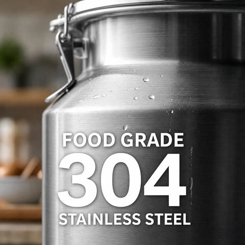 Tough As Nails Heavy Duty Stainless Steel Water Dispenser Milk Can Jug With Secure Locking Airtight Lid close-up of food grade 304 stainless steel finish.