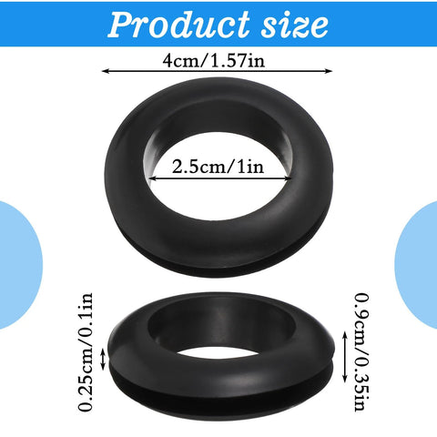 Dimensions of 10 Pack Versatile Rubber Grommets 1 Inch ID 25mm Wire Hole Grommets for Cable Protection, black grommets shown