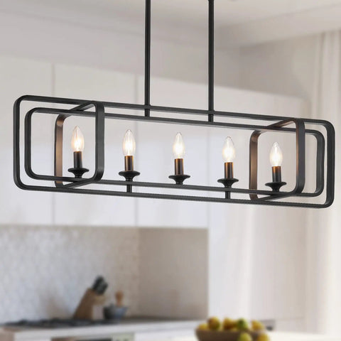Modern Farmhouse 5 Light Kitchen Island Pendant Chandelier in black metal over kitchen island, adjustable rotatable frame.