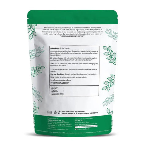 Back view of One Hundred Percent Totally Natural Aritha Powder Soapnut Hair Mask packaging, with text and leaf design