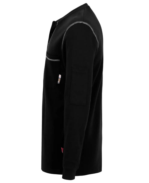 American Made Style Heavy Duty Long Sleeve Fr Work Henley Shirt For Men Built Different 7 Oz Flame Resistant side view with tool pocket.