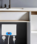 Heavy Duty Top Tier Instant Tankless Water Heater With Quick Draw Heating Matrix And Smart Temp Slide Bar Control Panel wall mounted under kitchen sink.