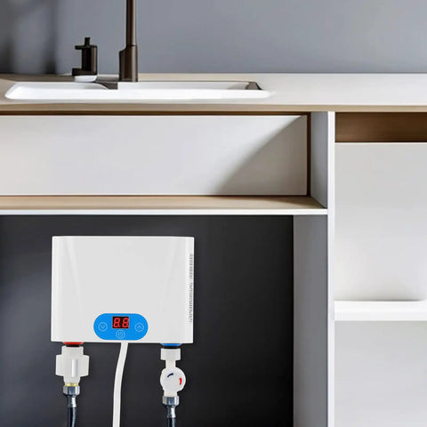Heavy Duty Top Tier Instant Tankless Water Heater With Quick Draw Heating Matrix And Smart Temp Slide Bar Control Panel wall mounted under kitchen sink.