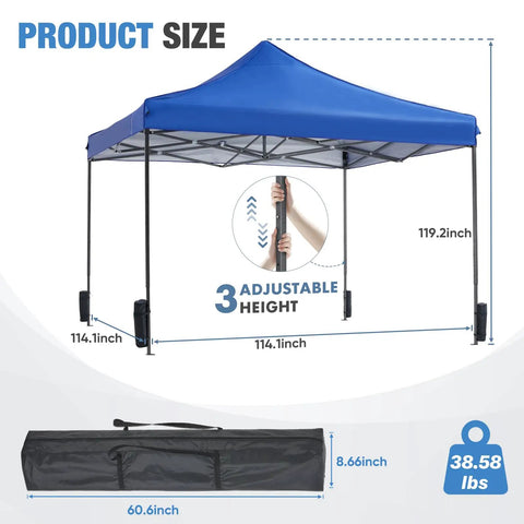 10x10 Foot Pop Up Canopy Tent No Fuss Setup Heavy Duty Sun Shade Shelter With Sand Bags Portable, in blue with adjustable height.