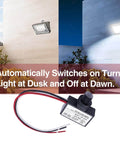 Dusk to Dawn Photocell Sensor Switch for Outdoor Lighting, 120V AC Auto Light Control, shown with day and night lighting effect.