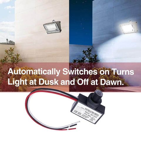 Dusk to Dawn Photocell Sensor Switch for Outdoor Lighting, 120V AC Auto Light Control, shown with day and night lighting effect.