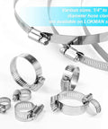 10 Pack 3 Inch Stainless Steel Hose Clamps Worm Gear Duct Clamps Adjustable From 3 Inch To 3 Point 5 Inch 75 To 90mm Premium 304 Stainless Steel Durable Rust Resistant For Dryer Vent Hose And Fuel Line in various sizes displayed on a white background.
