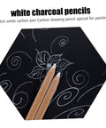 Close-up of 4 Pack White Charcoal And Graphite Pencils Set for art drawing, featuring two pencils on dark sketch.