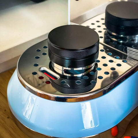 58mm Adjustable Coffee Distributor Leveler for Espresso Shots on espresso machine, stainless steel base, anti slip design.