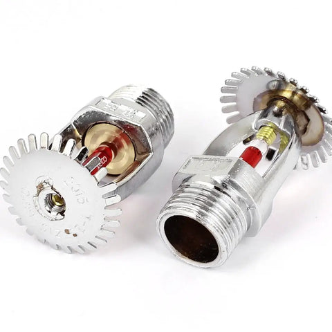 Pack Of Ten Tough As Nails Fire Sprinkler Heads With Rock Solid 20MM Male Thread And Straight Up Reliable 5MM Glass Bulb For Dependable Home Plumbing And Industrial Water Safety Systems In Classic Red Metal - close-up of chrome sprinkler heads.