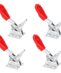 Built Tough 4 Piece Heavy Duty Toggle Clamps Set With Quick Release Vertical Fixture 90 Degree Pressing Handle And 80 Degree Opening Handle Galvanized Iron Construction For Long Lasting Durable Clamping Power In Every Project, featuring 4 clamps with red handles and galvanized iron body.