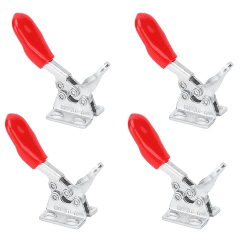 Built Tough 4 Piece Heavy Duty Toggle Clamps Set With Quick Release Vertical Fixture 90 Degree Pressing Handle And 80 Degree Opening Handle Galvanized Iron Construction For Long Lasting Durable Clamping Power In Every Project, featuring 4 clamps with red handles and galvanized iron body.