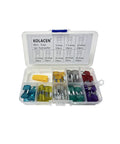 KOLACEN Automotive Mini Blade Fuse Assorted Kit Pack 81 Pieces With Fuse Puller For Car Truck 5Amp To 35Amp showing assorted fuses in a clear case.