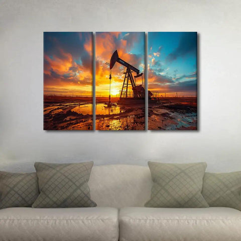 Industrial Oil Pump Wall Art Set Three Panels Canvas Prints 42x28 Inches Ready To Hang For Living Room And Bedroom Decor