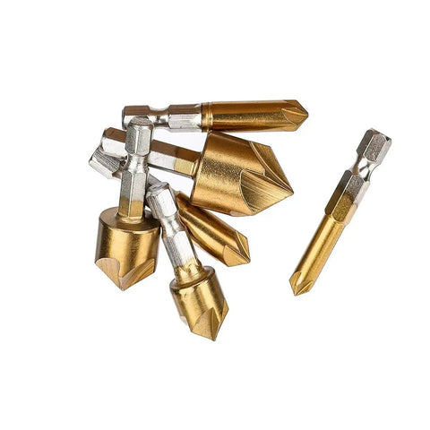 Top Tier 6 Piece Countersink Drill Bit Set With A Rock Hard Quarter Inch Hex Shank and Snappy 5 Flute Cutter, showing drill bits in various sizes.