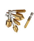 Real Deal Six Piece HSS Countersink Drill Bit Set With Heavy Duty Quarter Inch Hex Shank And Dead Accurate Ninety Degree Point for smooth wood chamfering work.