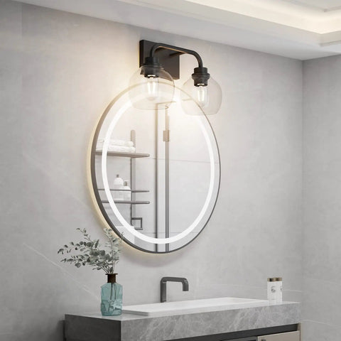 Two Light Industrial Vanity Light Fixtures Over Mirror In Matte Black With Clear Glass Globe Vintage Farmhouse Wall Sconces For Bathroom Rugged Anti Rust Metal Finish Elevate Your Space in modern bathroom setup