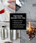 Faux Stone Peel And Stick Backsplash Tiles 20 Sheets White Marble Look PVC Wall Tiles shown with textures and heat resistance test.