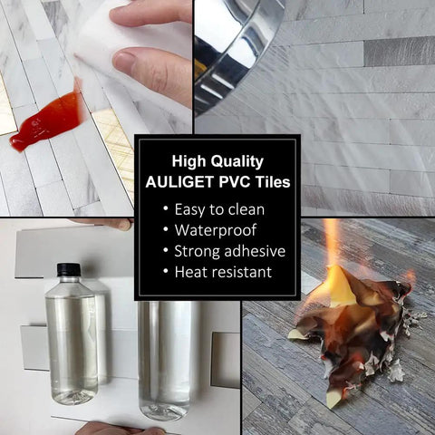 Faux Stone Peel And Stick Backsplash Tiles 20 Sheets White Marble Look PVC Wall Tiles shown with textures and heat resistance test.