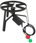 Front view of Stanbroil black metal propane burner stand with circular top ring and high-pressure regulator hose