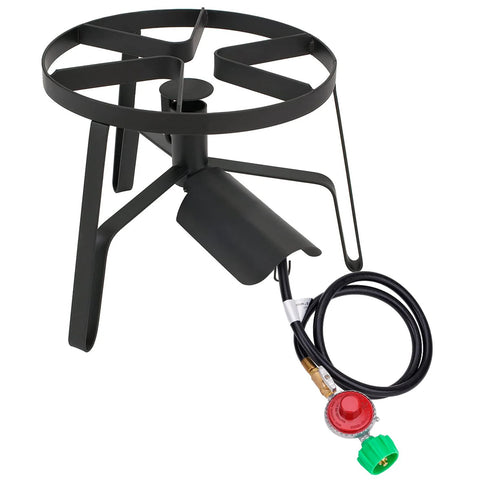 Front view of Stanbroil black metal propane burner stand with circular top ring and high-pressure regulator hose