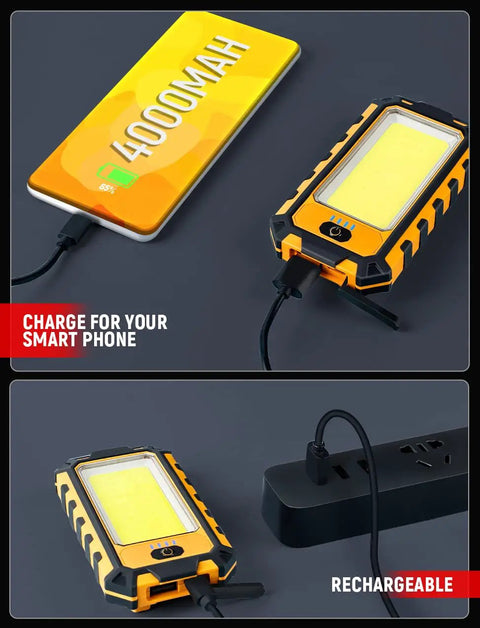 Rechargeable Magnetic LED Work Light 40W 1500 Lumens with charging feature, orange color, shown charging smartphone and plugged in.