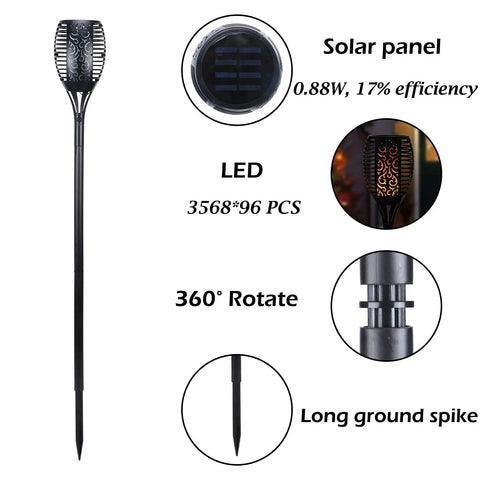 Solar Flame Torch Lights 4 Pack With Flickering Flame Waterproof Solar Pathway Lights showing parts and features.