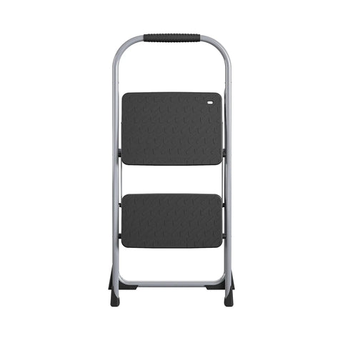 Front view of Two Step Big Step Stool Made Of Steel, Grab And Go Lightweight Gray, Non Marring Feet, Large Slip Resistant Step