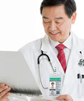 Doctor wearing ID badge made with Hand Held Slot Punch Tool Kit With 10 Metal Badge Clips And PVC Straps for clean card holes
