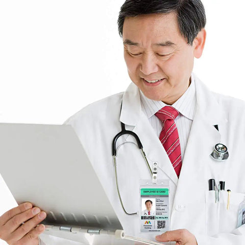 Doctor wearing ID badge made with Hand Held Slot Punch Tool Kit With 10 Metal Badge Clips And PVC Straps for clean card holes