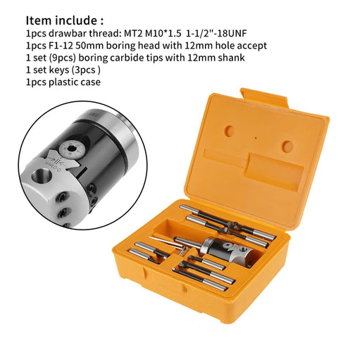 Two Boring Head Set With 50mm Boring Head Model F1 12 And Nine 12mm Boring Bars in plastic case