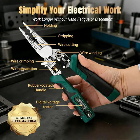 Hand holding 8 In 1 Wire Stripper Pliers With Voltage Tester For Cutting Crimping Pulling And Wiring Foldable Electrician Tool