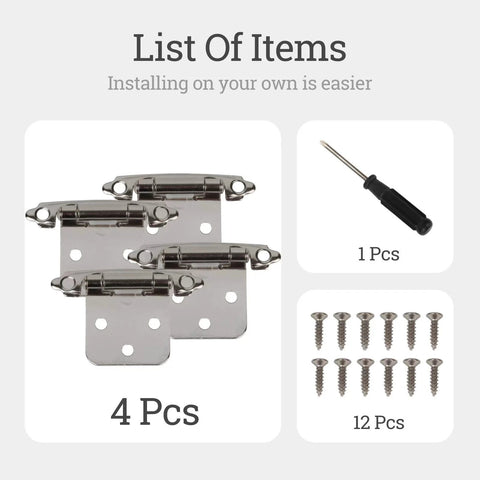 Greoil steel cabinet hinges set, 4 pcs with 12 screws and screwdriver; silver metal for recessed 1/2 in overlay doors.