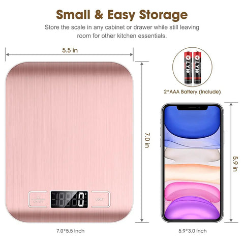 Pink Digital Kitchen Scale 22Lb Capacity With 1g Precision For Baking And Cooking, shown next to a smartphone for size comparison.