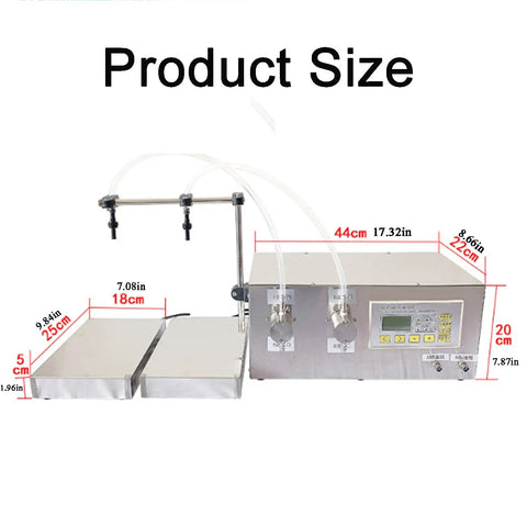 Pro Grade Automatic Liquid Filling Machine Double Head Stainless Steel Bottle Dispenser dimensions with digital console and tubes.