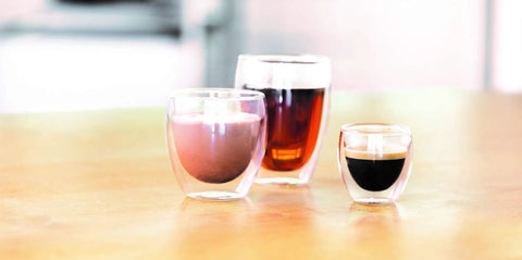 Real Deal Double Walled Espresso Glasses Set Of 2 Insulated Borosilicate Shot Cups Clear Heat Resistant Coffee Cup showing three types of drinks.
