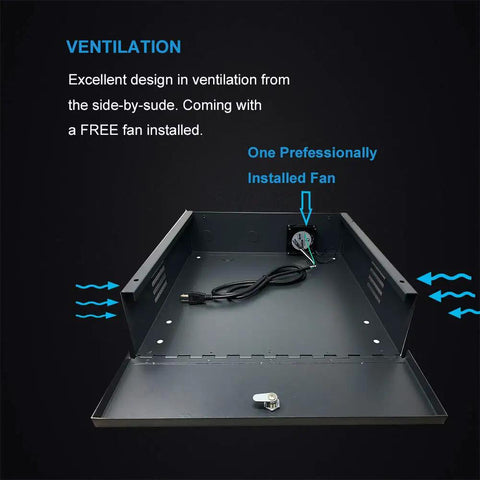 Interior view of Heavy Duty 16 Gauge DVR Security Lockbox With Cooling Fan Black Finish 24 by 21 by 7 Inches showing cooling fan