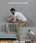 Father helps baby stand in crib, showcasing clarity from 4MP QHD Indoor Pan Tilt Security Cam With Plug In WiFi Night Vision Baby Monitor 2 Way Audio Motion Tracking And Sound Alerts 2560x1440 2 4GHz Home Surveillance For Any Room Perfect For Nurseries And Busy Homes No Drama.