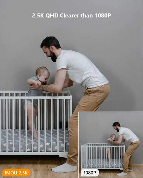 Father helps baby stand in crib, showcasing clarity from 4MP QHD Indoor Pan Tilt Security Cam With Plug In WiFi Night Vision Baby Monitor 2 Way Audio Motion Tracking And Sound Alerts 2560x1440 2 4GHz Home Surveillance For Any Room Perfect For Nurseries And Busy Homes No Drama.