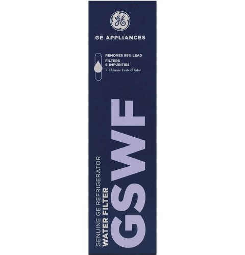 Refrigerator Water Filter GSWF Compatible, Easy Twist Lock Replacement packaging with text details on impurities removal.